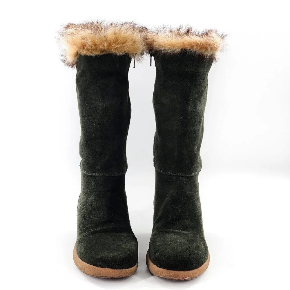 MAXIME‎ Vintage Dark Green Suede Wedge Winter Mid-Calf Boots Fur Trim
